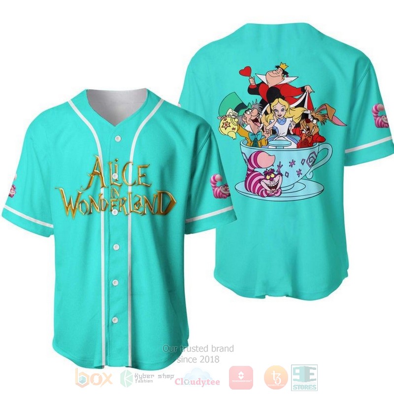 Alice In Wonderland All Over Print Turquoise Baseball Jersey Alice In Wonderland All Over Print Turquoise Baseball Jersey