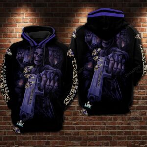 Baltimore Ravens Nfl Football Skull Guns Violet 3d Hoodie For Men For Women Baltimore Ravens All Over Printed Hoodie. Baltimore Ravens 3d Shirt - 0cb6c4298480