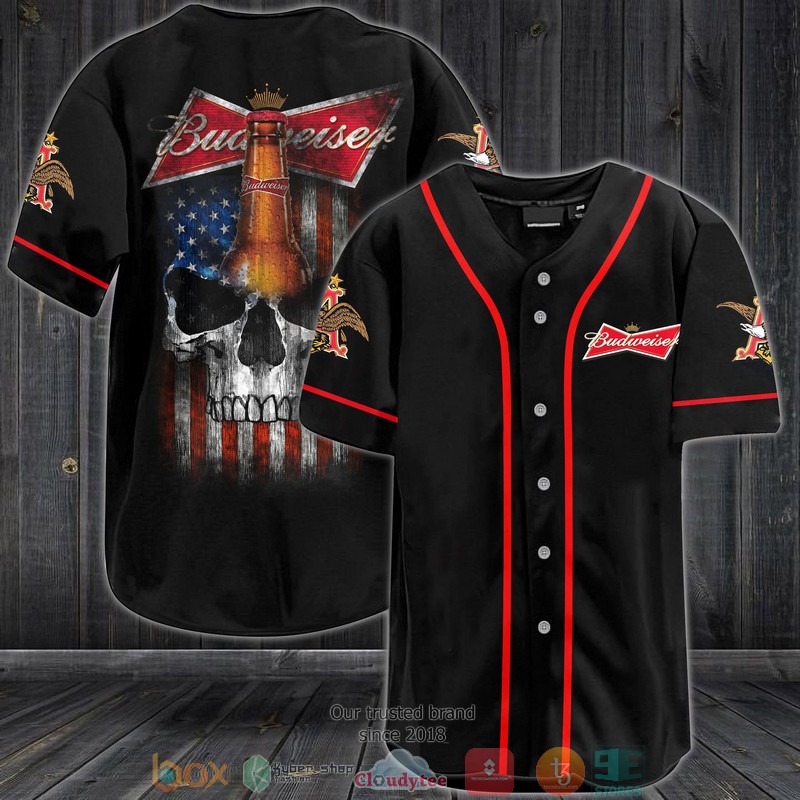 Budweiser Us Flag Skull Black Baseball Jersey Budweiser Us Flag Skull Black Baseball Jersey