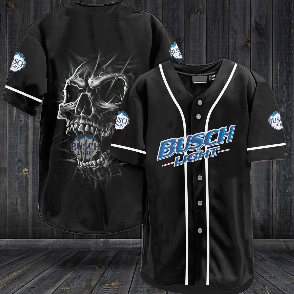 Busch Light Skull Black Baseball Jersey Busch Light Skull Black Baseball Jersey