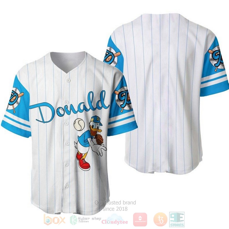 Donald Duck All Over Print Pinstripe White Baseball Jersey Donald Duck All Over Print Pinstripe White Baseball Jersey