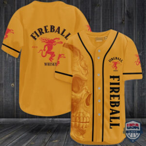 Fireball Whiskey Skull Baseball Jersey Shirt