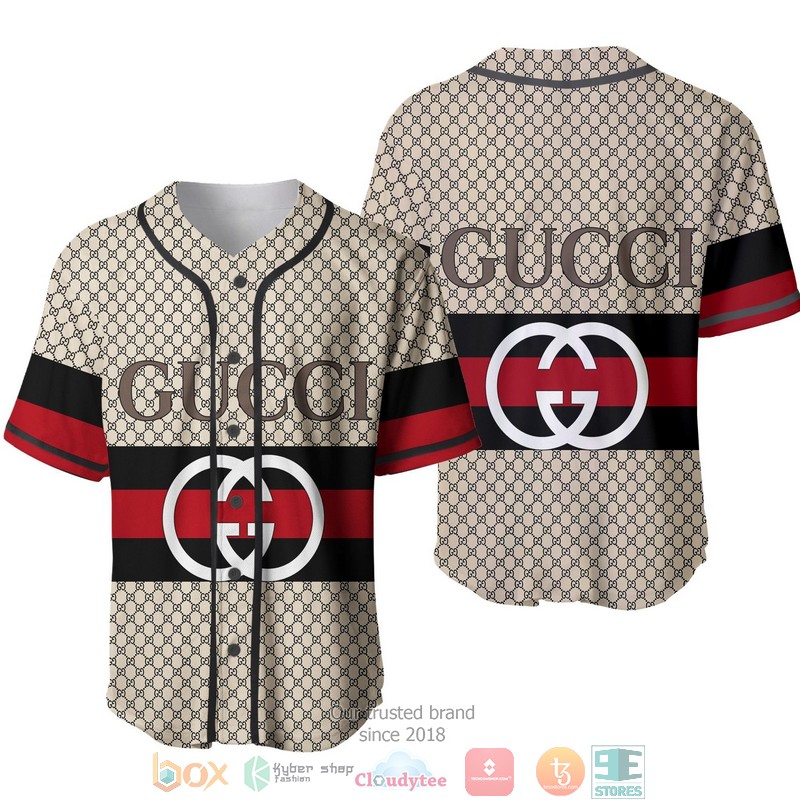 Gucci Hive Pattern Red Black Line Brown Baseball Jersey Gucci Hive Pattern Red Black Line Brown Baseball Jersey