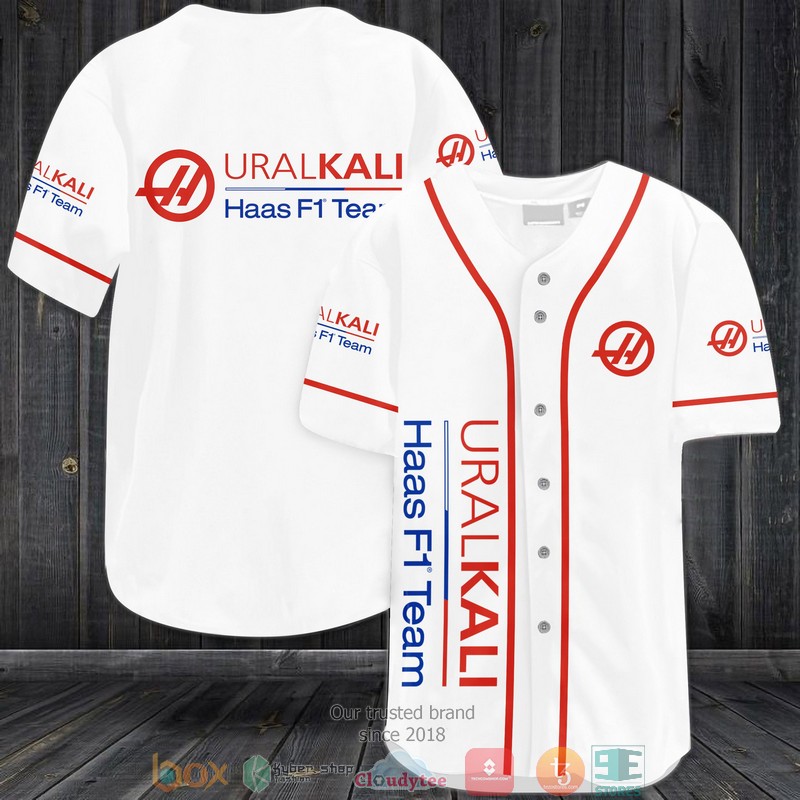 Haas F1 Team Uralkali White Baseball Jersey Haas F1 Team Uralkali White Baseball Jersey