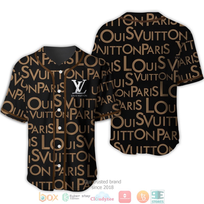 Louis Vuitton Brown Letter Pattern Black Baseball Jersey Louis Vuitton Brown Letter Pattern Black Baseball Jersey