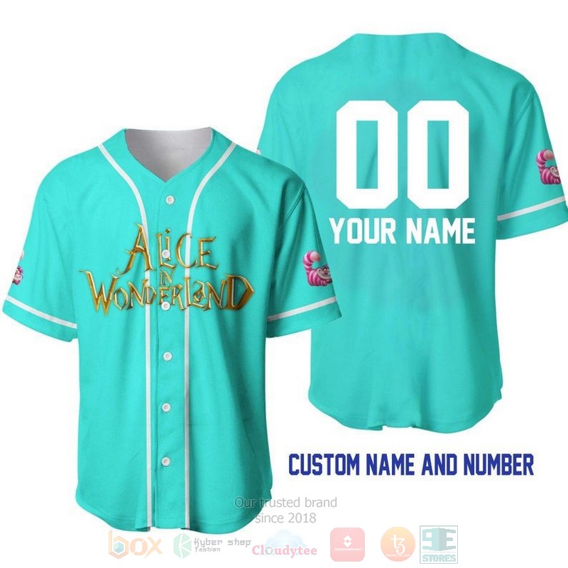 Personalized Alice In Wonderland All Over Print Turquoise Baseball Jersey Personalized Alice In Wonderland All Over Print Turquoise Baseball Jersey