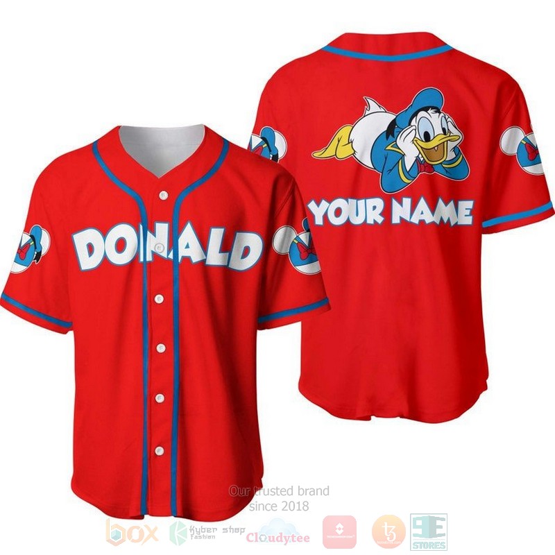 Personalized Chilling Donald Duck Disney All Over Print Red Baseball Jersey Personalized Chilling Donald Duck Disney All Over Print Red Baseball Jersey