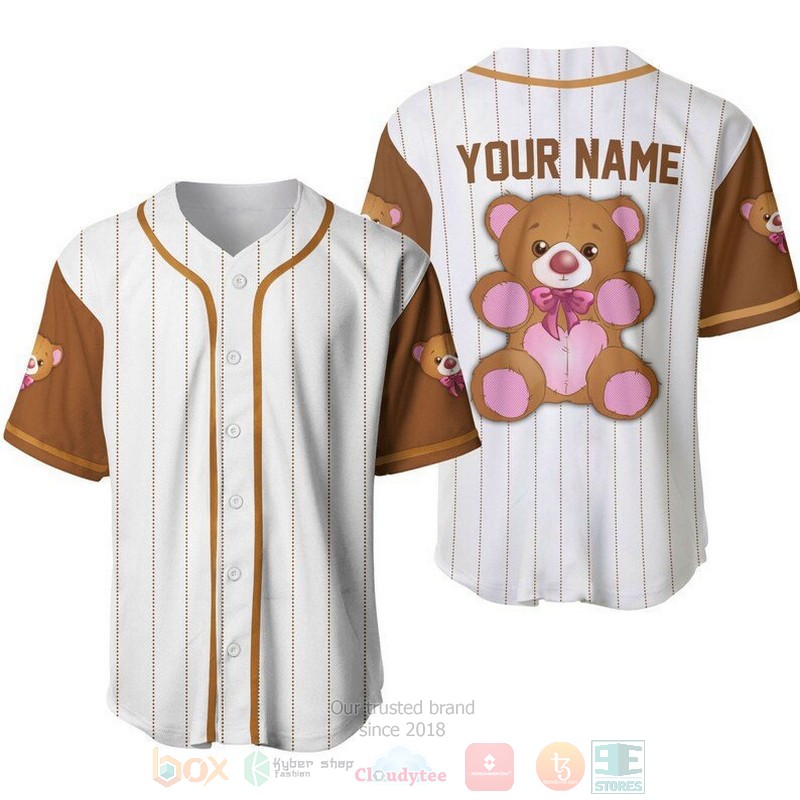 Personalized Cute Teddy Bear All Over Print Pinstripe White Baseball Jersey Personalized Cute Teddy Bear All Over Print Pinstripe White Baseball Jersey