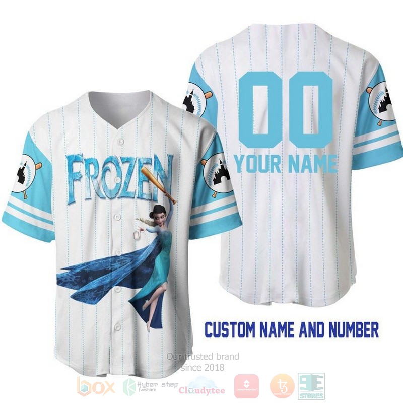 Personalized Elsa Princess Frozen All Over Print Pinstripe White Baseball Jersey Personalized Elsa Princess Frozen All Over Print Pinstripe White Baseball Jersey
