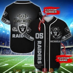 Personalized Las Vegas Raiders Nfl God First Family Second Then Baseball Jersey Shirt