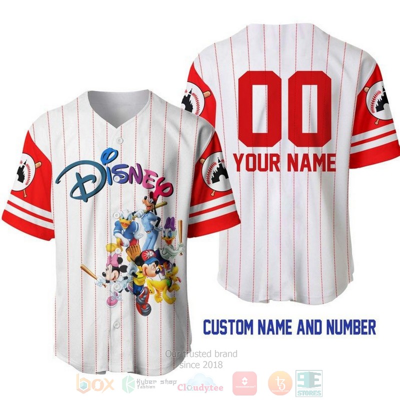 Personalized Mickey Mouse & Friends Disney All Over Print Pinstripe White Baseball Jersey Personalized Mickey Mouse & Friends Disney All Over Print Pinstripe White Baseball Jersey