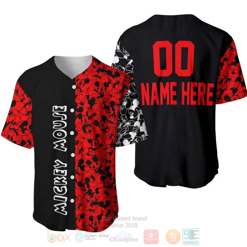 Personalized Mickey Mouse Pattern All Over Print Red & Black Baseball Jersey Personalized Mickey Mouse Pattern All Over Print Red & Black Baseball Jersey