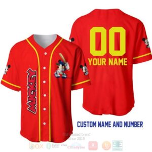 Personalized Mickey Mouse Playing Baseball All Over Print Red Baseball Jersey