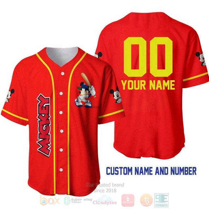 Personalized Mickey Mouse Playing Baseball All Over Print Red Baseball Jersey Personalized Mickey Mouse Playing Baseball All Over Print Red Baseball Jersey