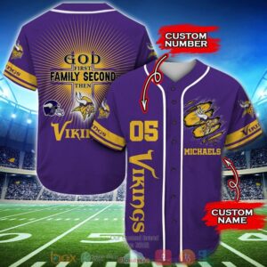 Personalized Minnesota Vikings Nfl God First Family Second Then Baseball Jersey Shirt