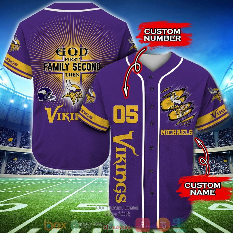 Personalized Minnesota Vikings Nfl God First Family Second Then Baseball Jersey Shirt Personalized Minnesota Vikings Nfl God First Family Second Then Baseball Jersey Shirt