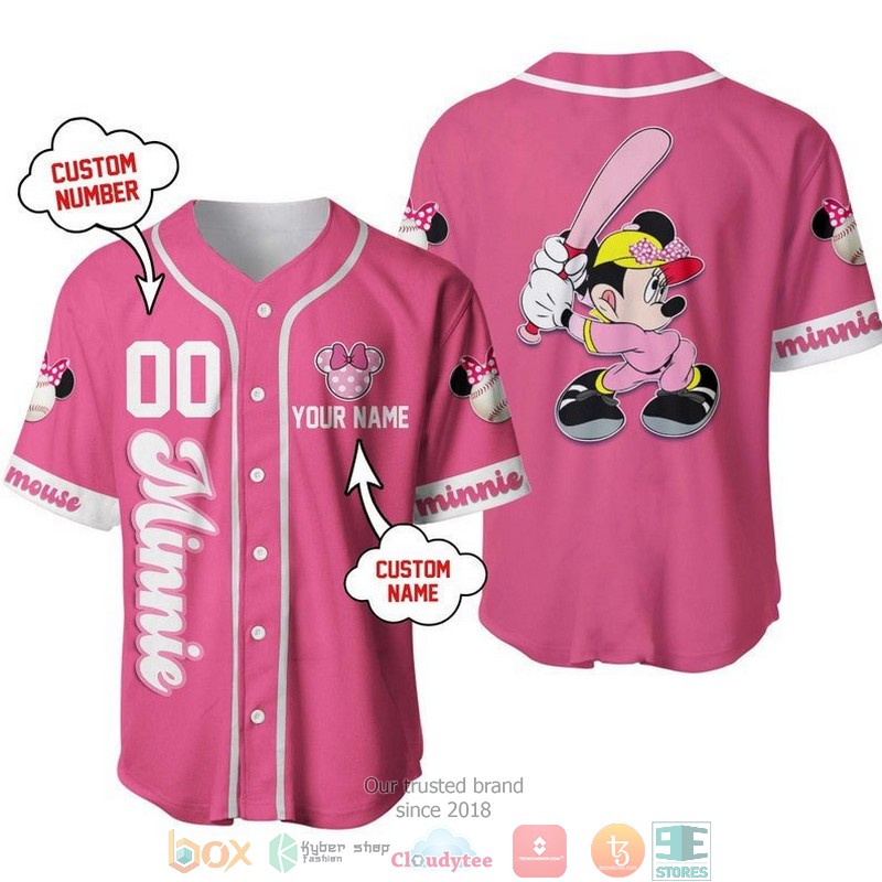 Personalized Minnie Mouse Playing Baseball Pink Baseball Jersey Personalized Minnie Mouse Playing Baseball Pink Baseball Jersey