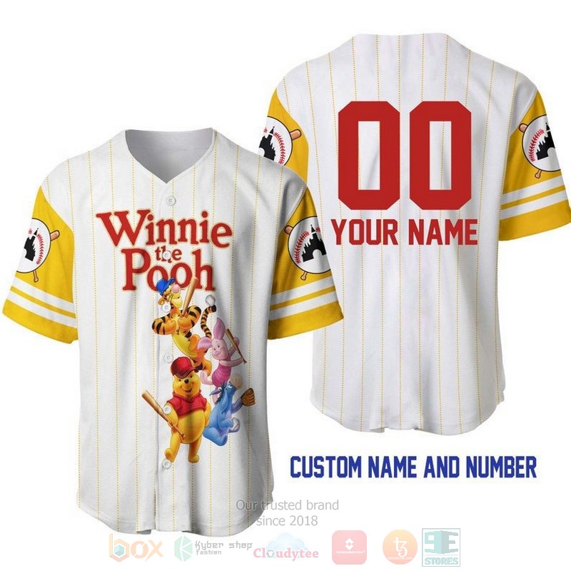 Personalized Pooh Tigger Piglet Eeyore All Over Print Pinstripe White Baseball Jersey Personalized Pooh Tigger Piglet Eeyore All Over Print Pinstripe White Baseball Jersey