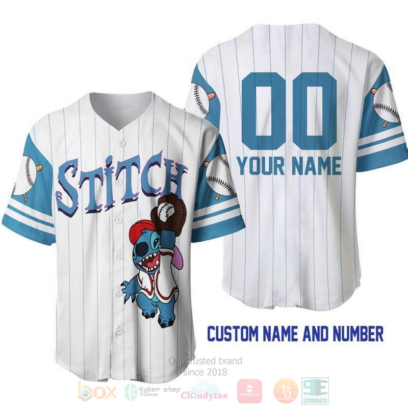 Personalized Stitch Disney All Over Print Pinstripe White Baseball Jersey Personalized Stitch Disney All Over Print Pinstripe White Baseball Jersey