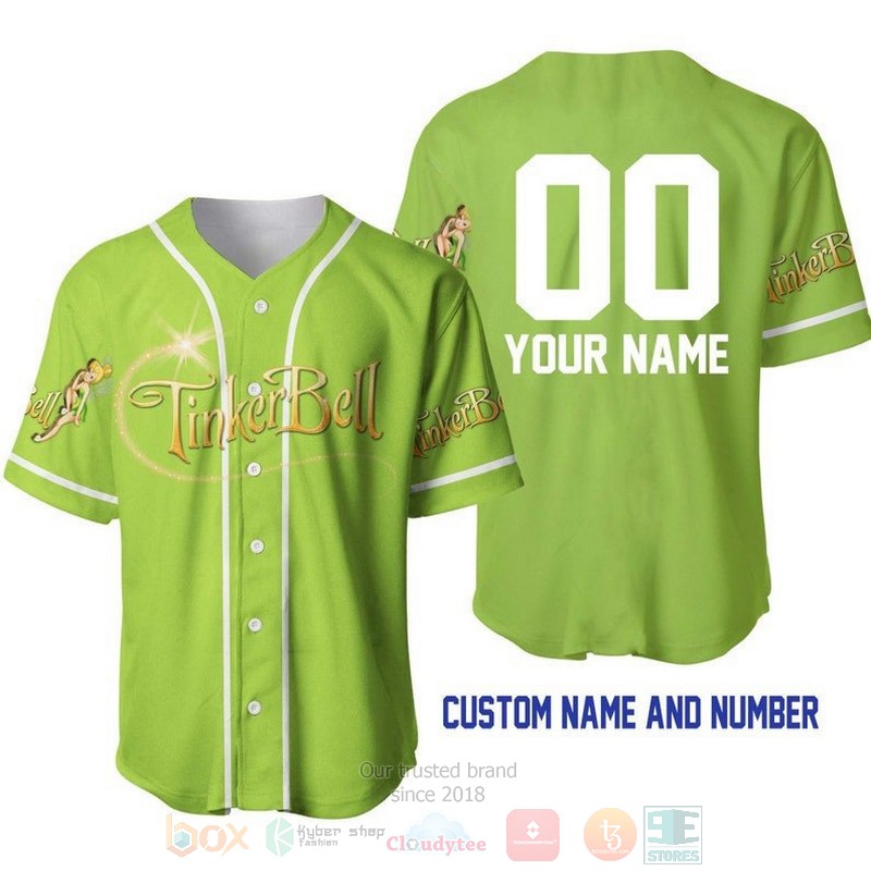 Personalized Tinker Bell All Over Print Lime Green Baseball Jersey Personalized Tinker Bell All Over Print Lime Green Baseball Jersey