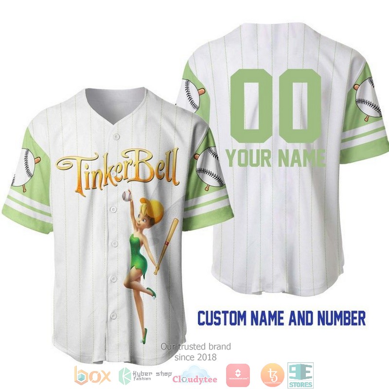 Personalized Tinker Bell Pinstripe White Baseball Jersey Personalized Tinker Bell Pinstripe White Baseball Jersey
