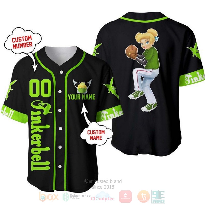 Personalized Tinker Bell Playing Baseball All Over Print Black Baseball Jersey Personalized Tinker Bell Playing Baseball All Over Print Black Baseball Jersey