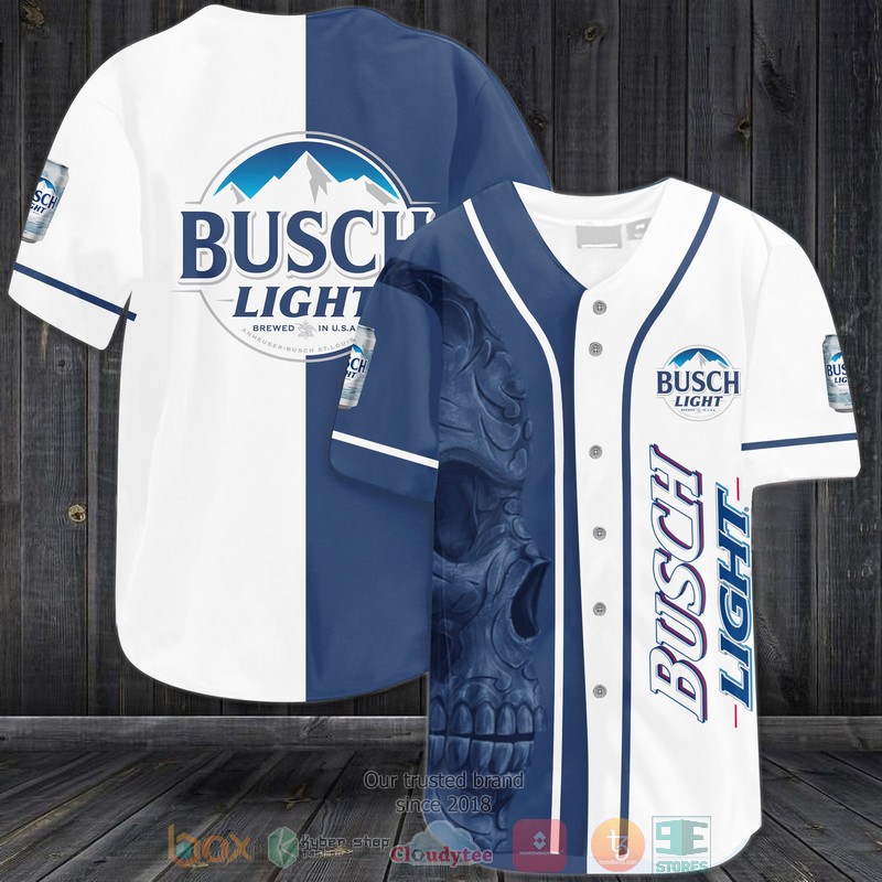 Skull Busch Light White Blue Baseball Jersey Skull Busch Light White Blue Baseball Jersey