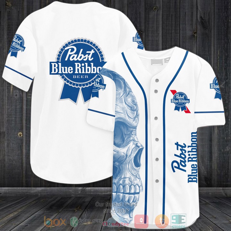 Skull Pabst Blue Ribbon Beer White Blue Baseball Jersey Skull Pabst Blue Ribbon Beer White Blue Baseball Jersey