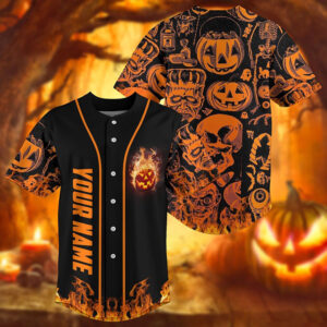 Skull Pumpkin Halloween Custom Personalized Name Baseball Jersey