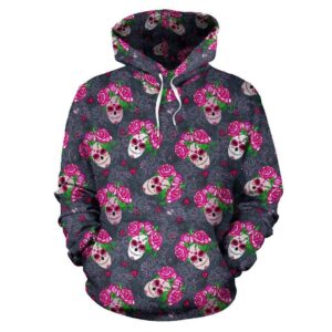 Sugar Skull Pink Rose Themed Print Pullover 3D Hoodie For Men Women All Over 3D Printed Hoodie - 42ca1ec11ed4