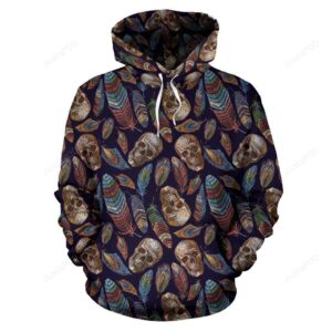 Sugar Skull Skeleton Girly Feather Boho Pattern Print All Over Graphic 3D Hoodie For Men Women All Over 3D Printed Hoodie - 7b49f2fe376a