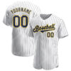 [Top-Selling] Custom Team Name White Navy Strip Navy-Gold Full Printed Baseball Jersey- Maria