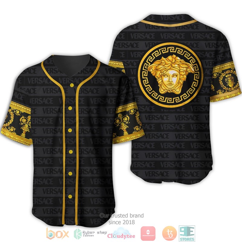 Versace Gold Pattern Black Grey Letter Baseball Jersey Versace Gold Pattern Black Grey Letter Baseball Jersey
