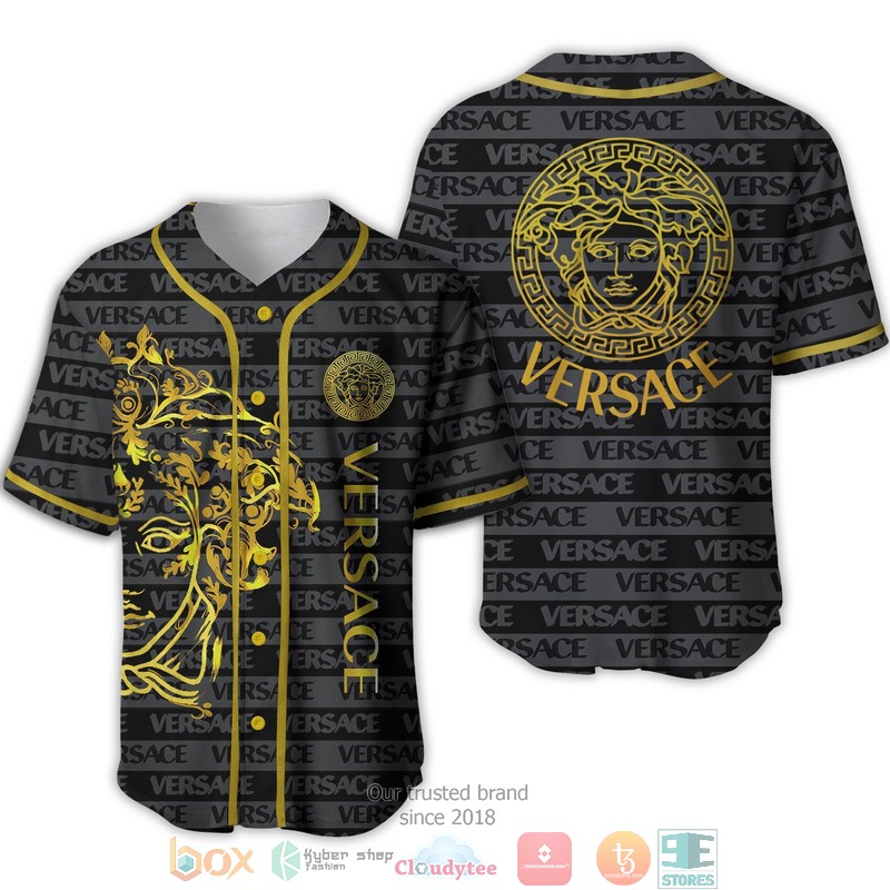 Versace Gold Pattern Letter Grey Baseball Jersey Versace Gold Pattern Letter Grey Baseball Jersey