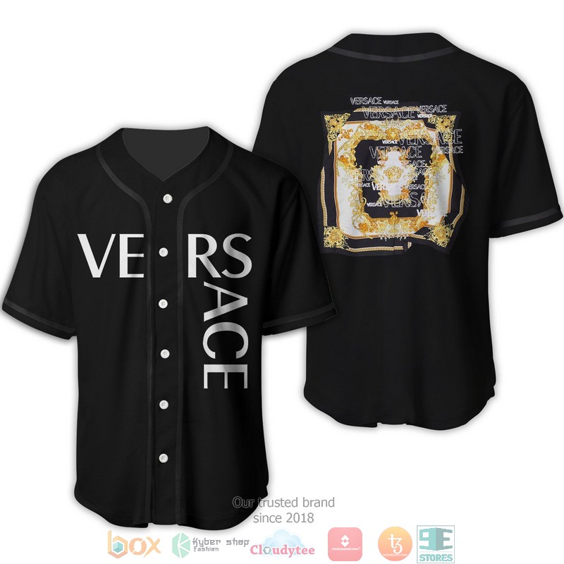 Versace Gold Square Pattern Black Baseball Jersey Versace Gold Square Pattern Black Baseball Jersey